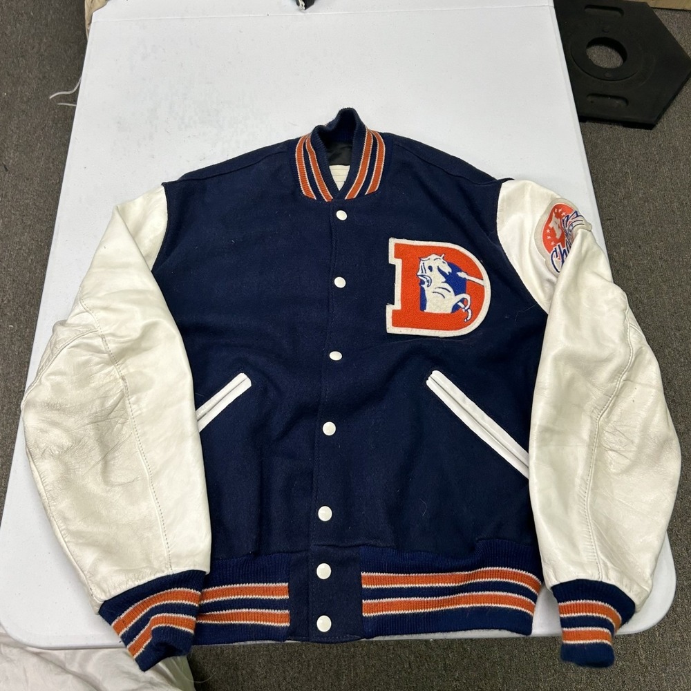 DeLONG Varsity Jacket Mens 44 Blue Denver Broncos Wool Leather Vintage USA
